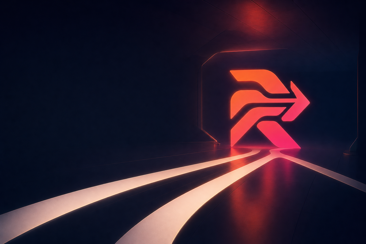 The Route emblem glowing at the end of a tunnel with light-lanes curving toward it